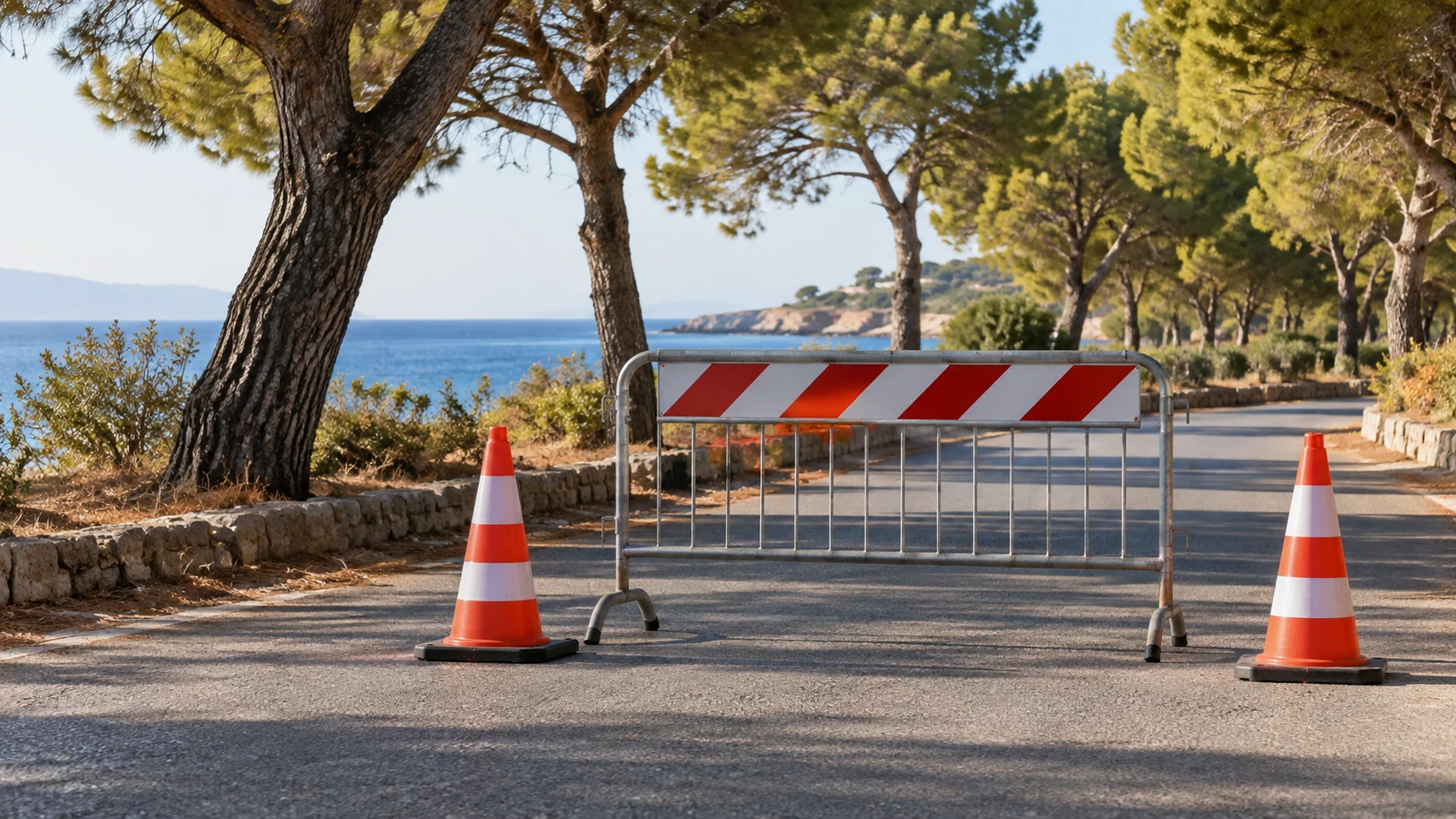 Ενδεικτική εικόνα AI με κώνους και προσωρινό φράγμα σε δρόμο δίπλα σε παραθαλάσσιο πάρκο