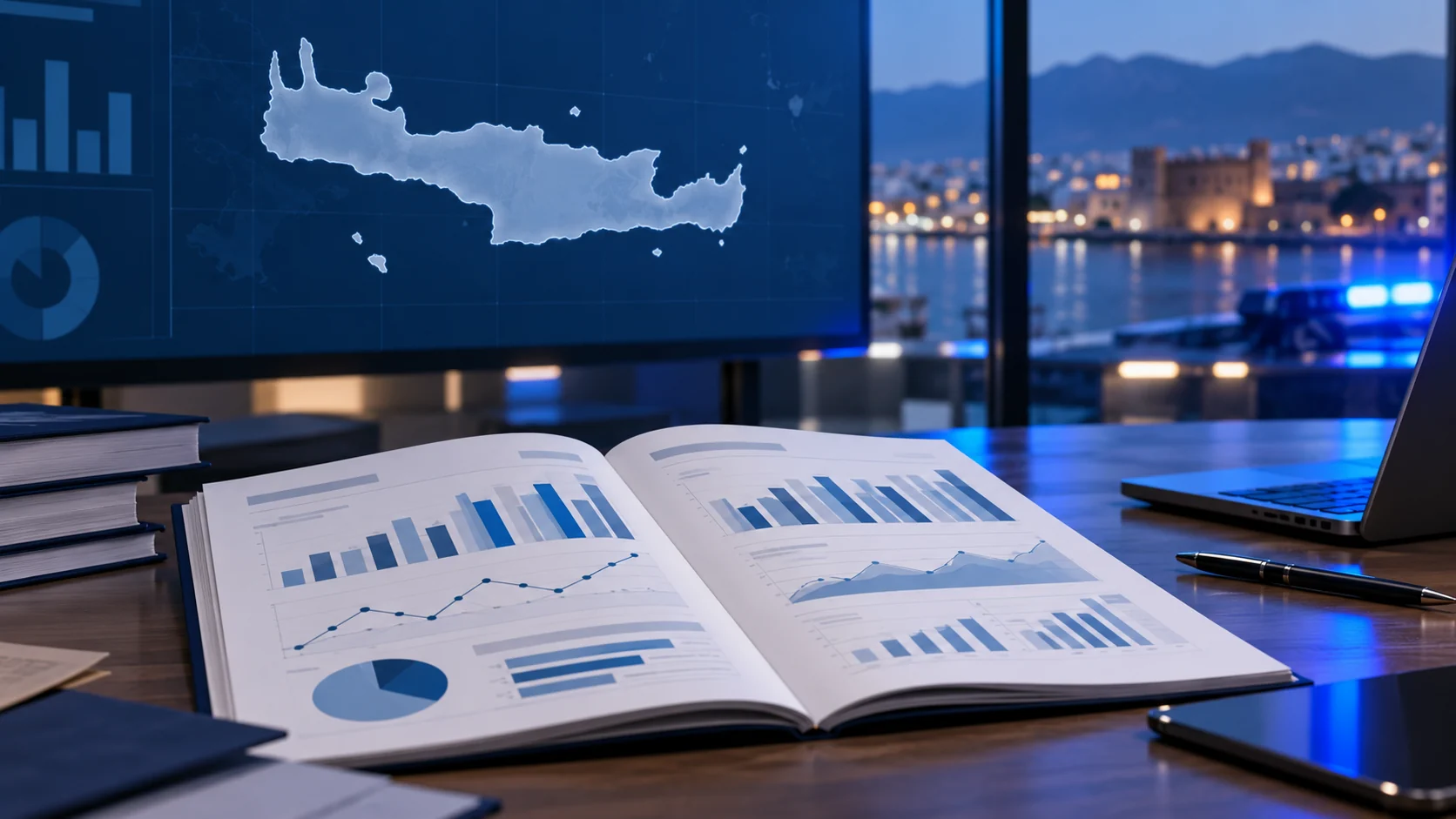 Ενδεικτική εικόνα AI με στατιστική αναφορά, γραφήματα και χάρτη της Κρήτης
