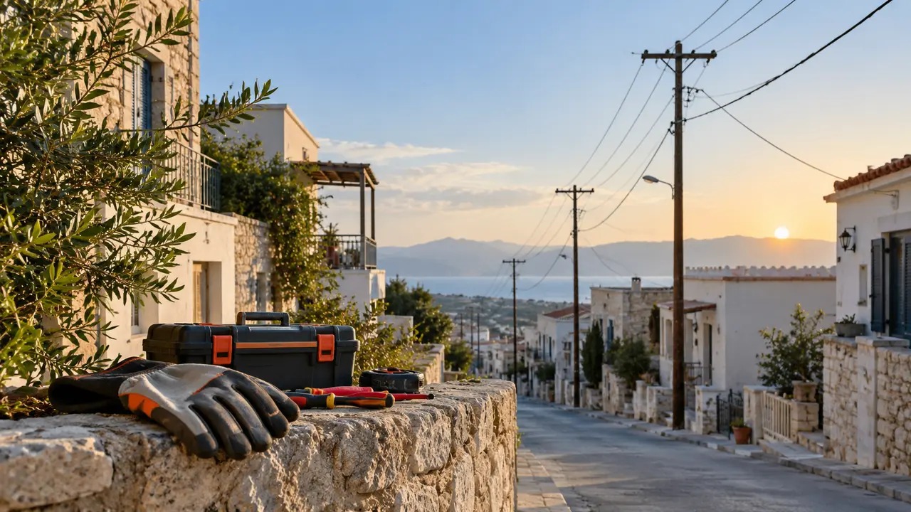 Ενδεικτική εικόνα AI με δίκτυο ηλεκτροδότησης και εργαλεία τεχνικού σε κρητικό οικισμό