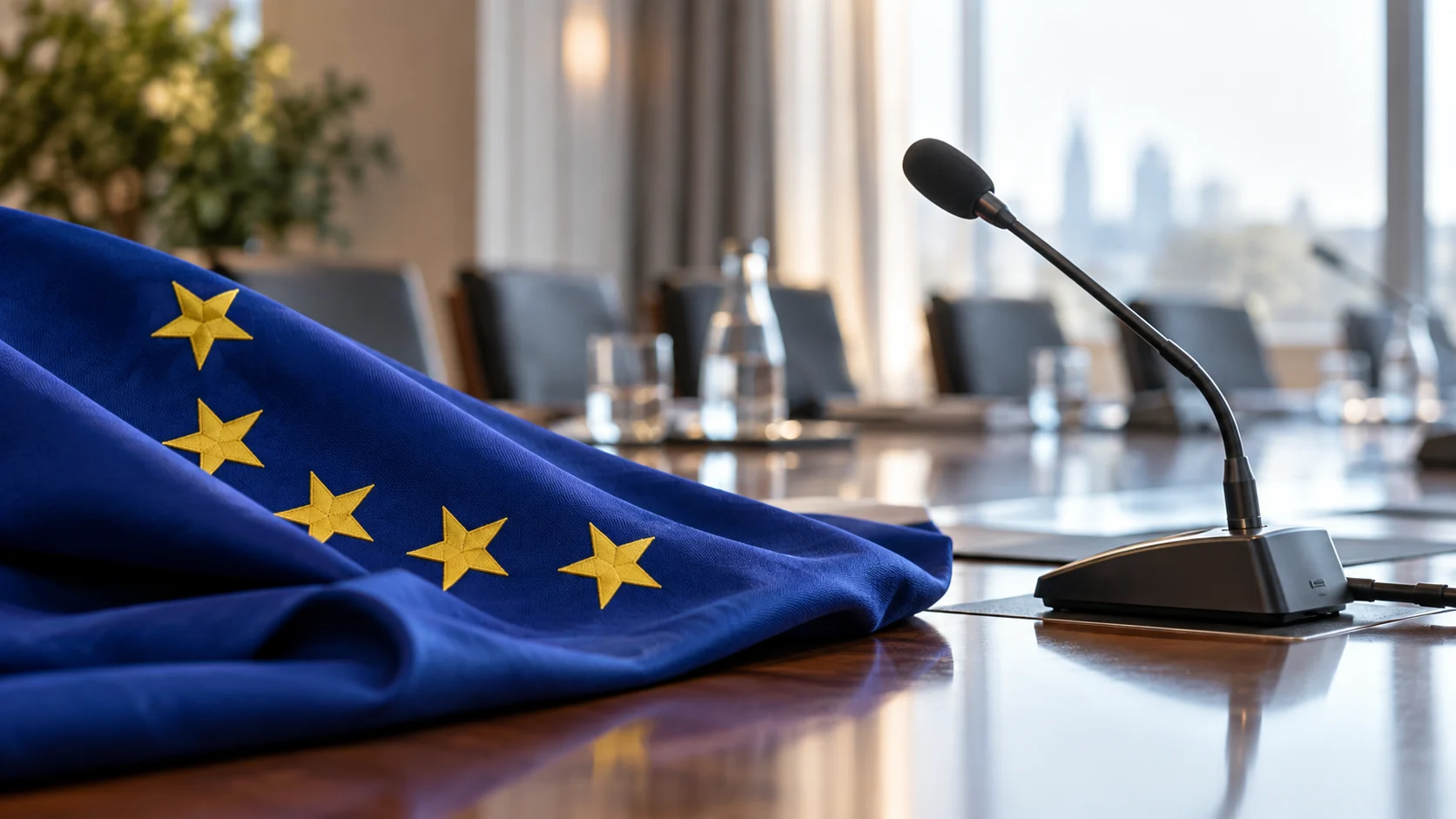 Ενδεικτική εικόνα AI ευρωπαϊκής σημαίας και μικροφώνου σε αίθουσα συνεδριάσεων