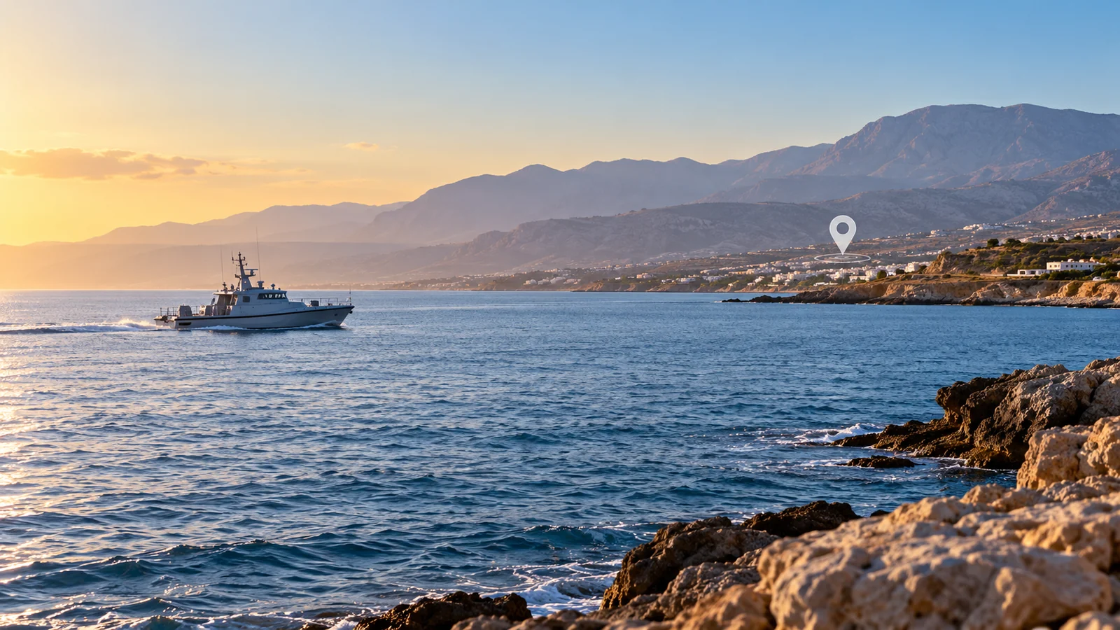 Ενδεικτική εικόνα AI με ακτογραμμή της νότιας Κρήτης και περιπολικό σκάφος στη θάλασσα
