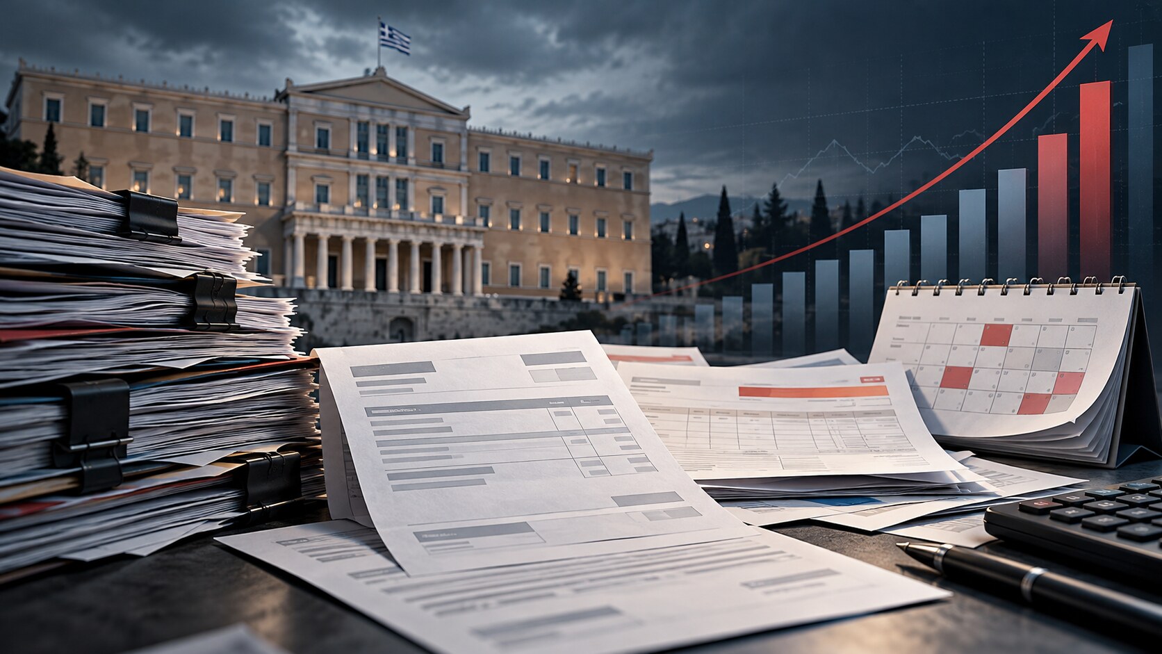 Ενδεικτική απεικόνιση συσσωρευμένων δημοσίων οφειλών με έγγραφα, ημερολόγιο και ανοδικό γράφημα