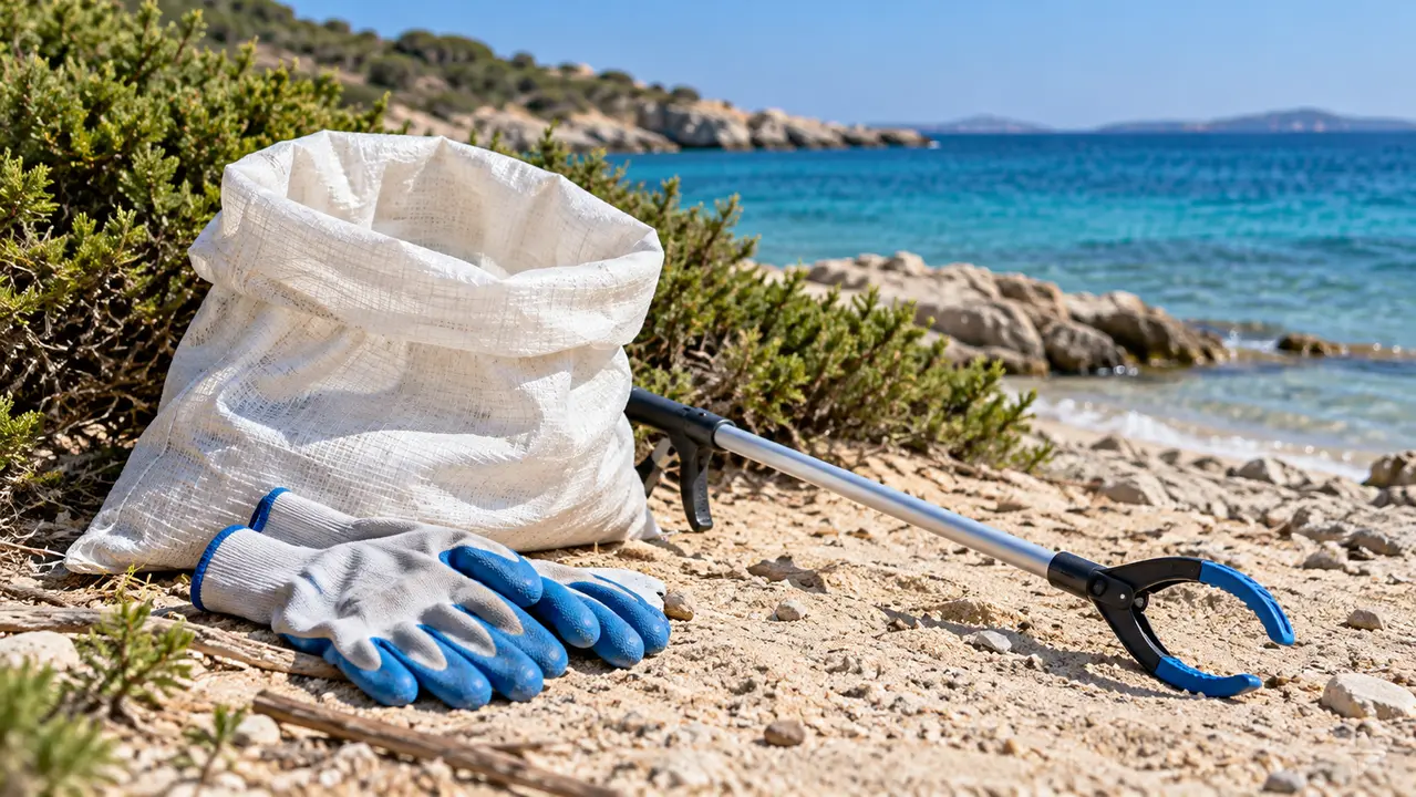 Ενδεικτική εικόνα AI με γάντια, σάκο και εργαλείο συλλογής απορριμμάτων σε μεσογειακή ακτή
