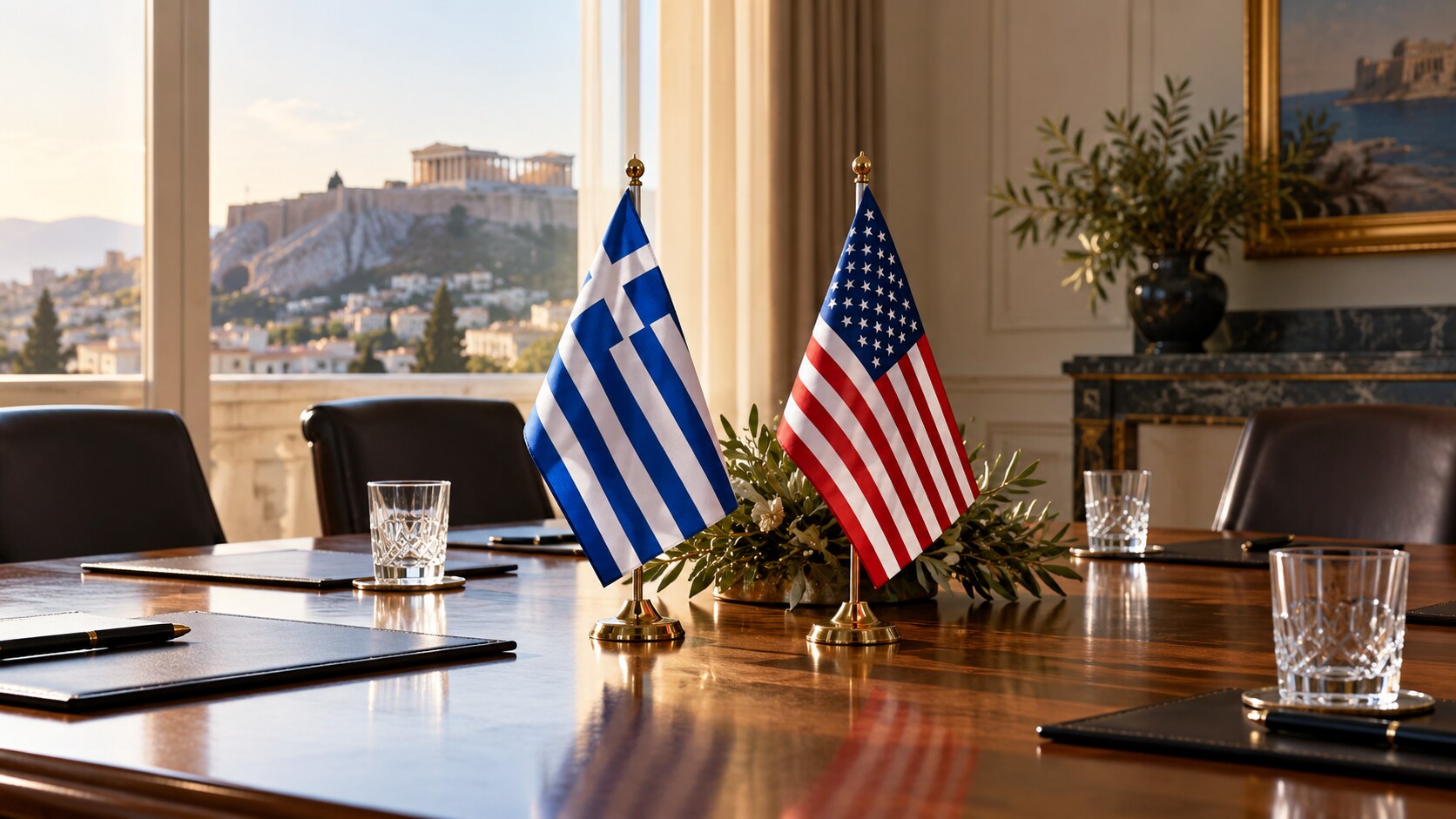 Ενδεικτική εικόνα AI με ελληνική και αμερικανική σημαία σε τραπέζι συσκέψεων