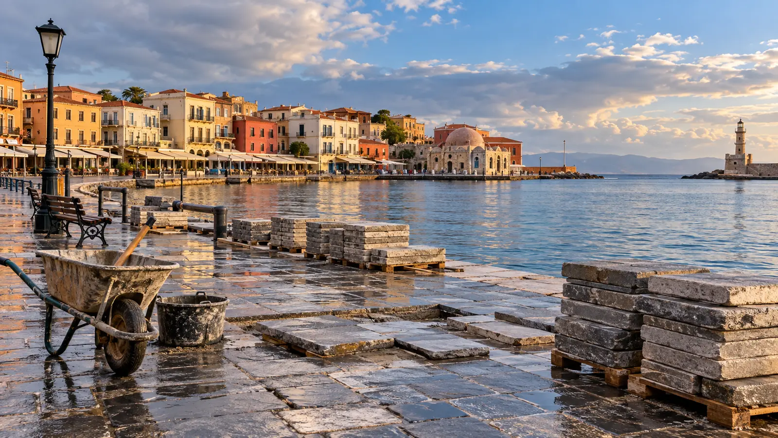 Ενδεικτική εικόνα AI εργασιών αποκατάστασης πλακόστρωτου στο Ενετικό Λιμάνι Χανίων