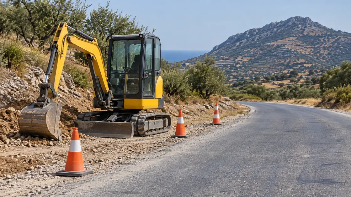 Ενδεικτική εικόνα AI με ανώνυμο μηχάνημα συντήρησης δρόμου και κώνους σε μεσογειακό τοπίο