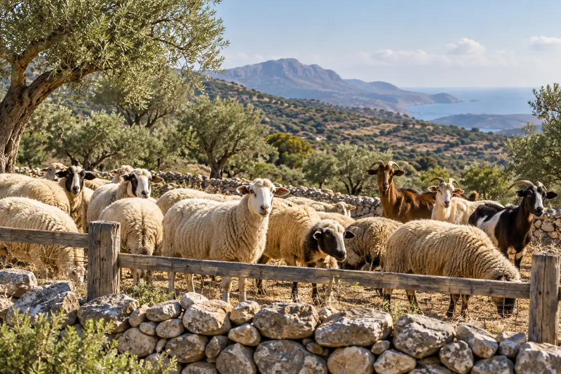 Ενδεικτική εικόνα AI με πρόβατα και κατσίκες σε περιφραγμένο αγρό με κρητικό τοπίο