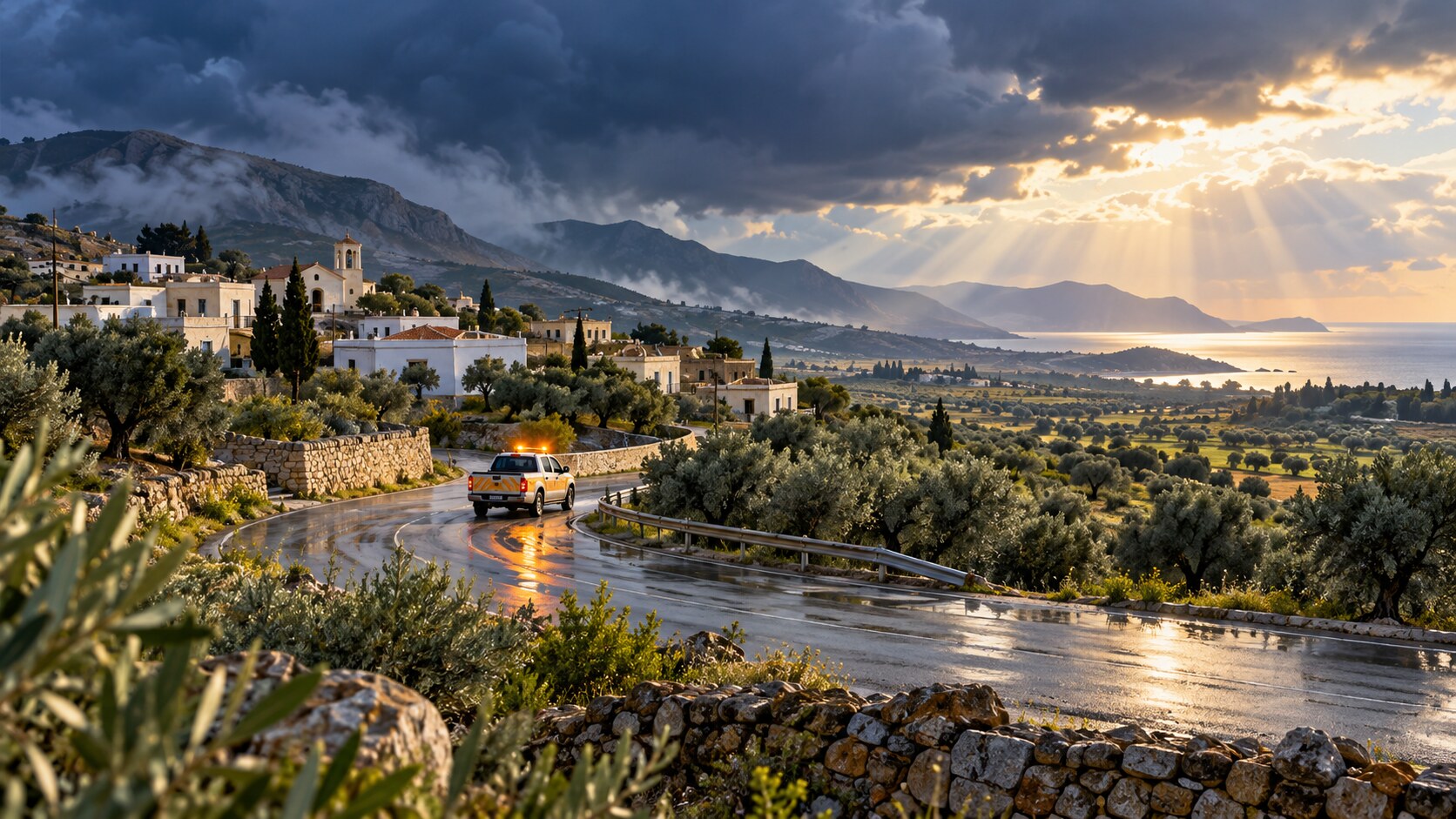 Ενδεικτική απεικόνιση οχήματος πολιτικής προστασίας σε χωριό της Κρήτης μετά από βροχή