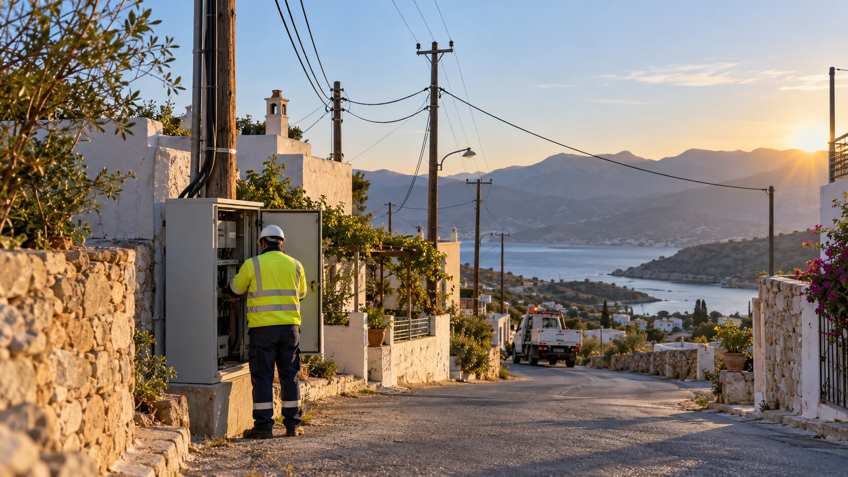 Ενδεικτική εικόνα AI με τεχνικό ηλεκτρικού δικτύου σε χωριό της Κρήτης