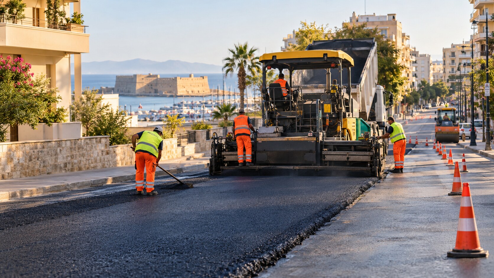 Ενδεικτική εικόνα AI με συνεργείο ασφαλτόστρωσης σε αστικό δρόμο του Ηρακλείου