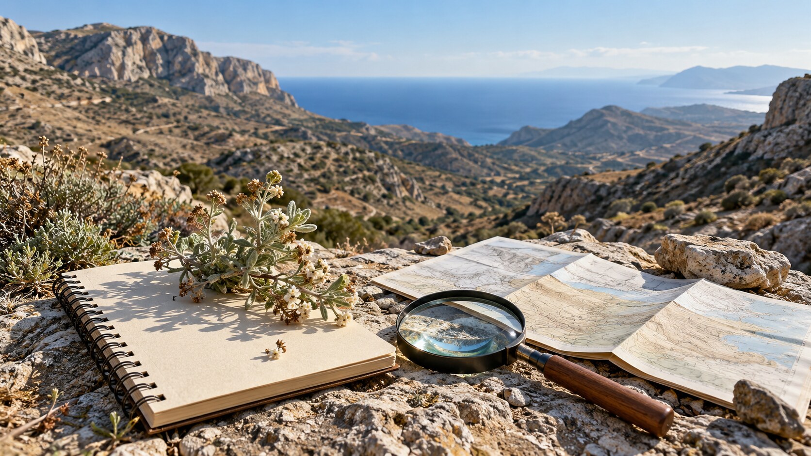 Ενδεικτική εικόνα AI με σημειωματάριο, χάρτη και μεγεθυντικό φακό σε ορεινό τοπίο της νότιας Κρήτης