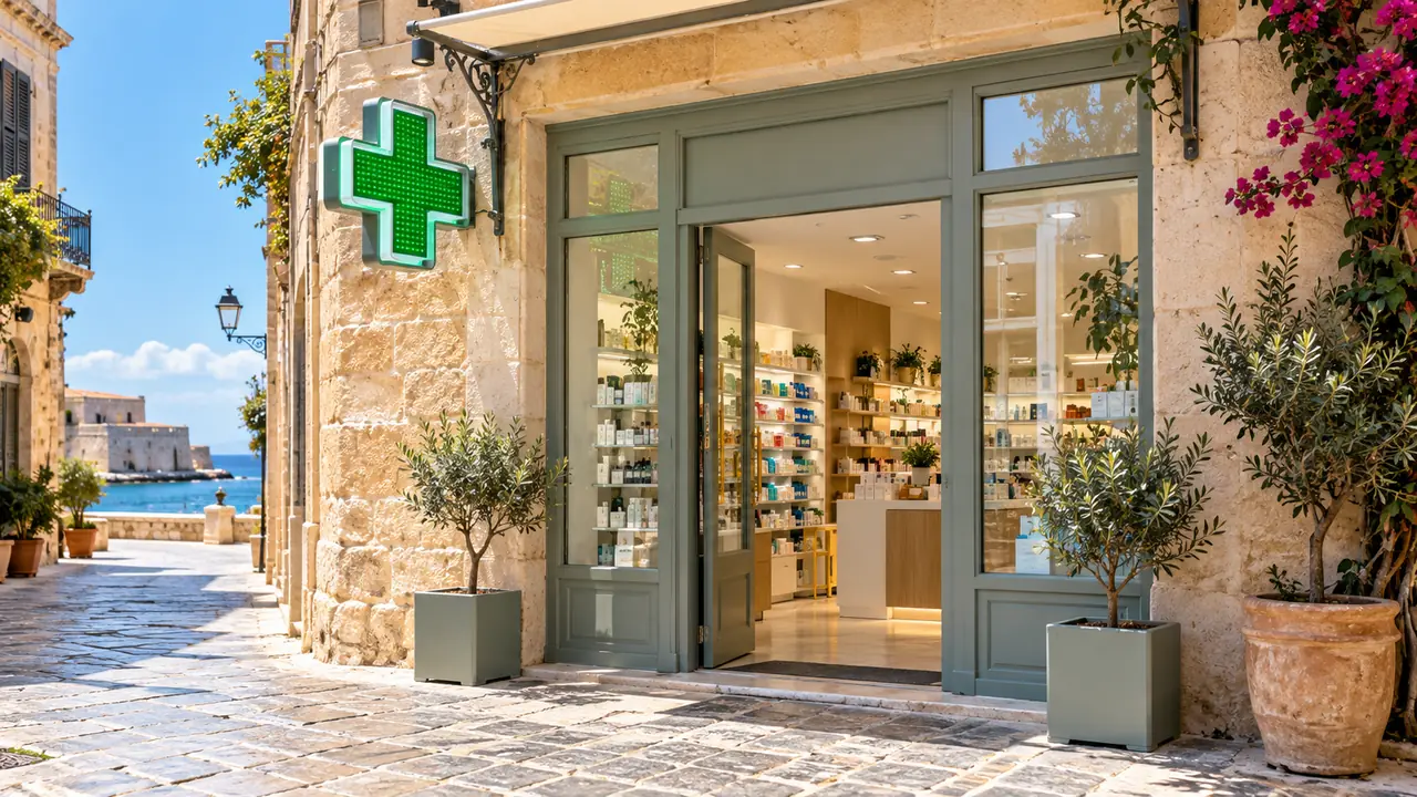 Ενδεικτική εικόνα AI με φαρμακείο σε πετρόχτιστο δρόμο των Χανίων