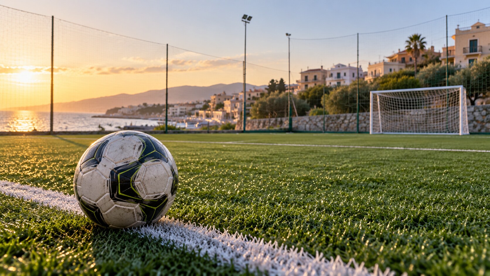 Ενδεικτική εικόνα AI με μπάλα σε άδειο γήπεδο μίνι ποδοσφαίρου σε μεσογειακή πόλη