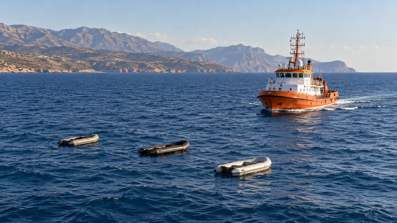 Ενδεικτική εικόνα πλοίου διάσωσης κοντά σε τρεις λέμβους στη θάλασσα της Κρήτης