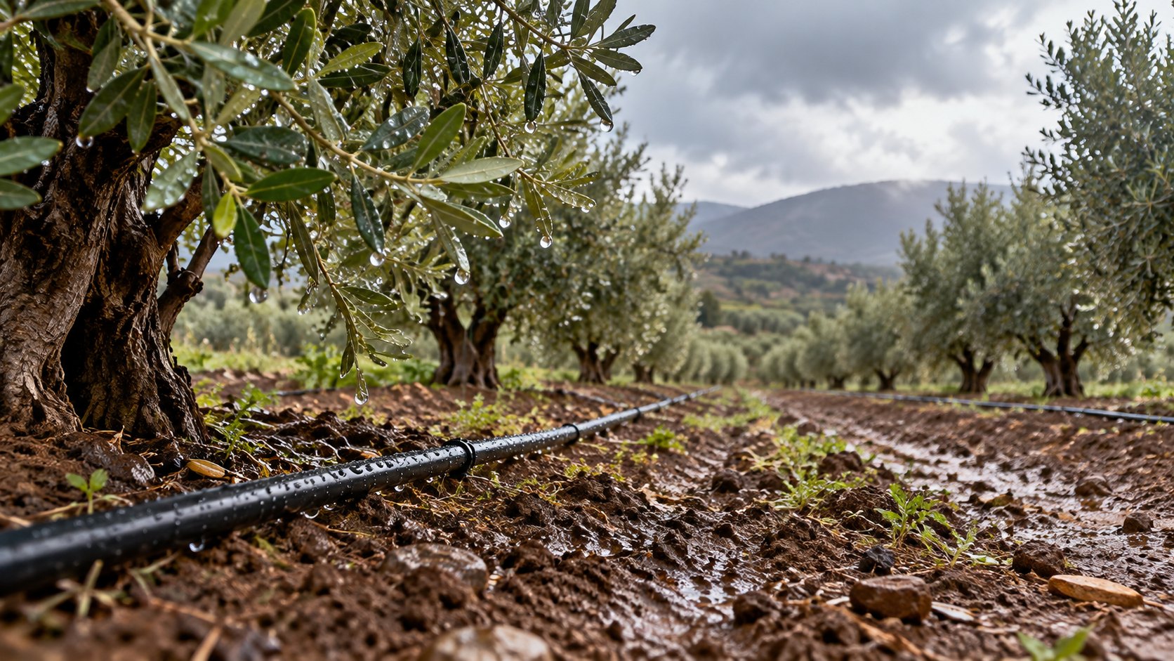 Ενδεικτική εικόνα AI με σωλήνα στάγδην άρδευσης σε υγρό έδαφος ανάμεσα σε δέντρα