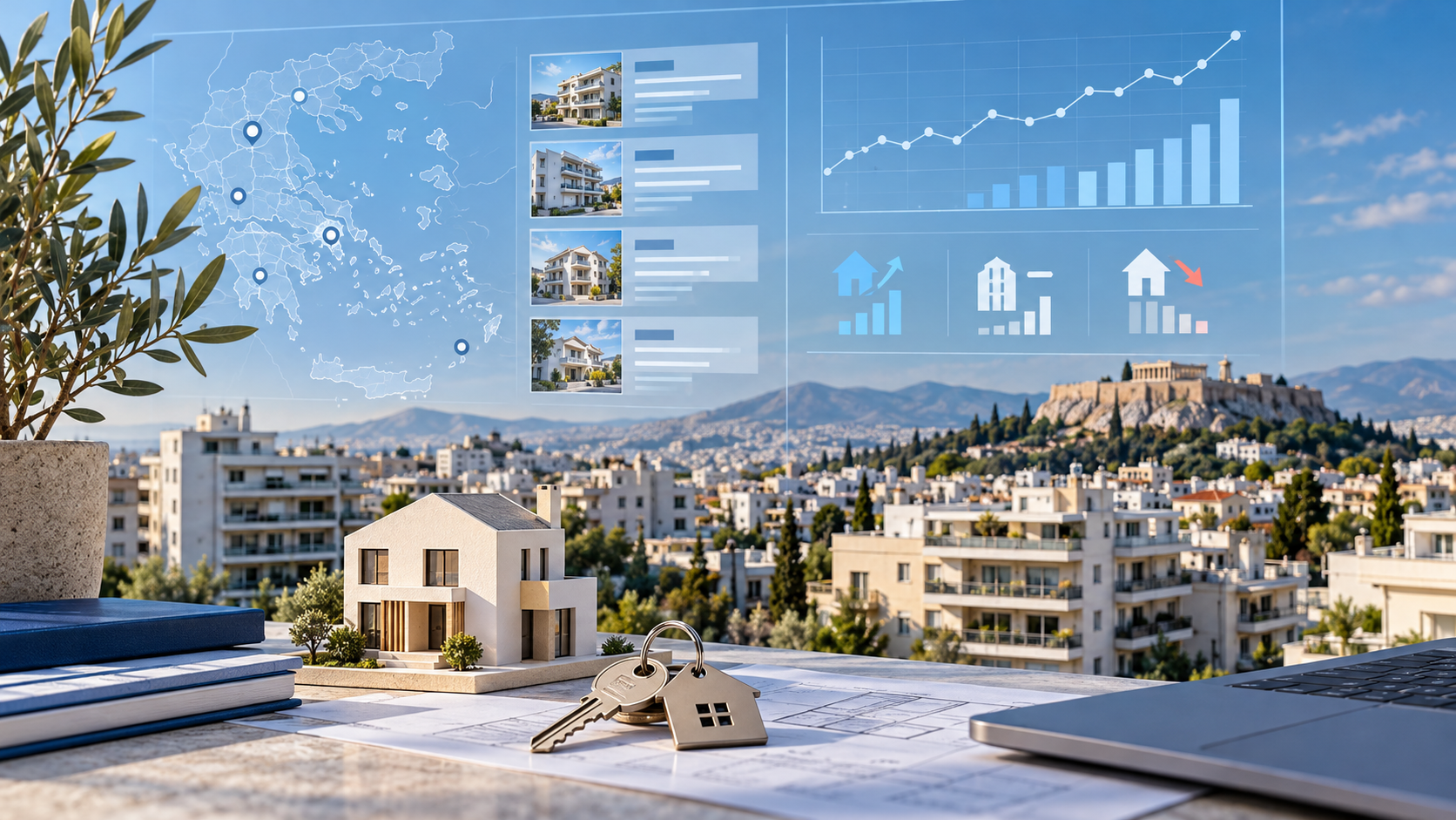 Ενδεικτική εικόνα AI με ακίνητα, κλειδιά και ψηφιακή απεικόνιση δεδομένων της ελληνικής κτηματαγοράς