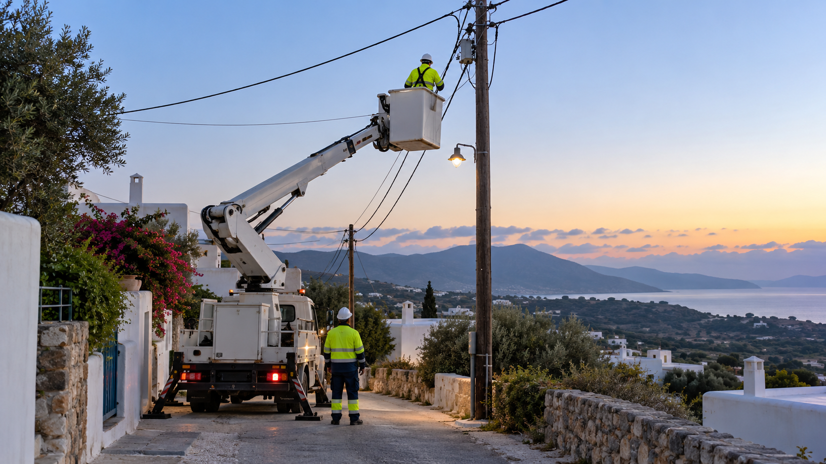 Ενδεικτική εικόνα AI συνεργείου ηλεκτρικού δικτύου σε κρητικό χωριό πριν από προγραμματισμένη διακοπή ρεύματος