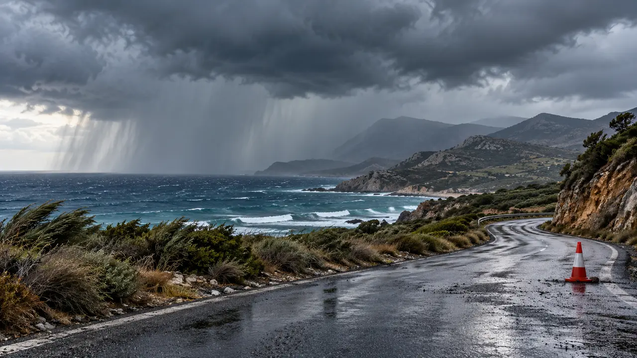 Ενδεικτική εικόνα AI με καταιγίδα, ισχυρό άνεμο και βρεγμένο παραλιακό δρόμο στην Κρήτη