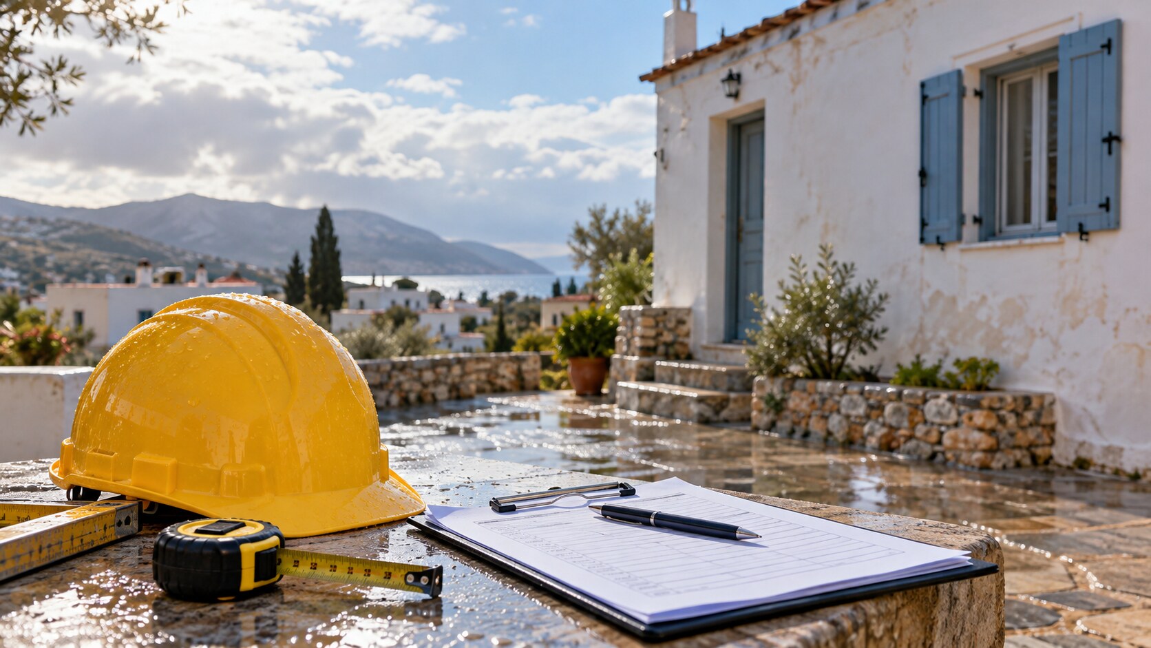 Ενδεικτική εικόνα AI με εξοπλισμό αυτοψίας μπροστά από κτίριο σε κρητικό οικισμό μετά τη βροχή