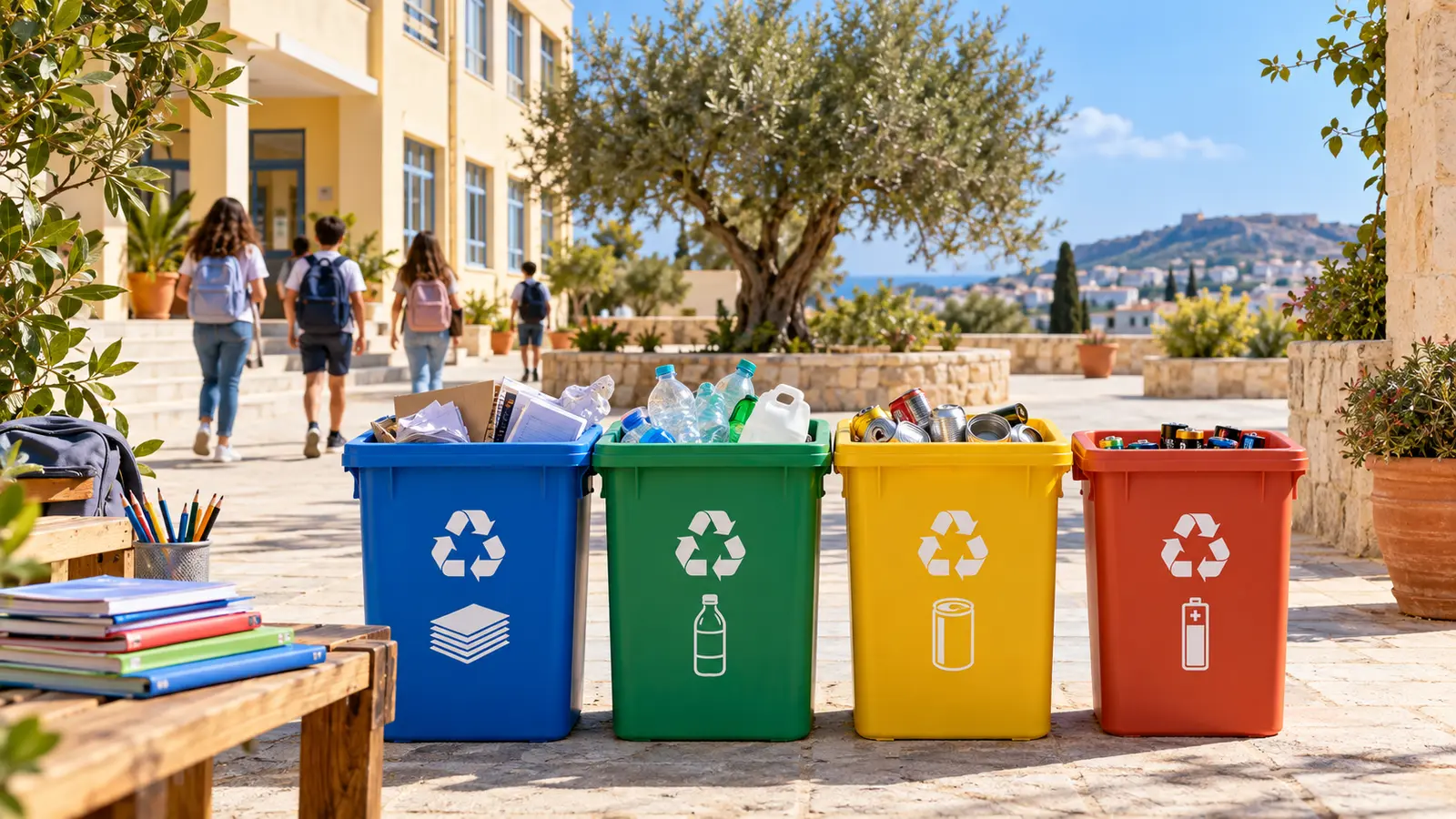 Ενδεικτική εικόνα AI με κάδους ανακύκλωσης σε σχολικό προαύλιο του Ηρακλείου